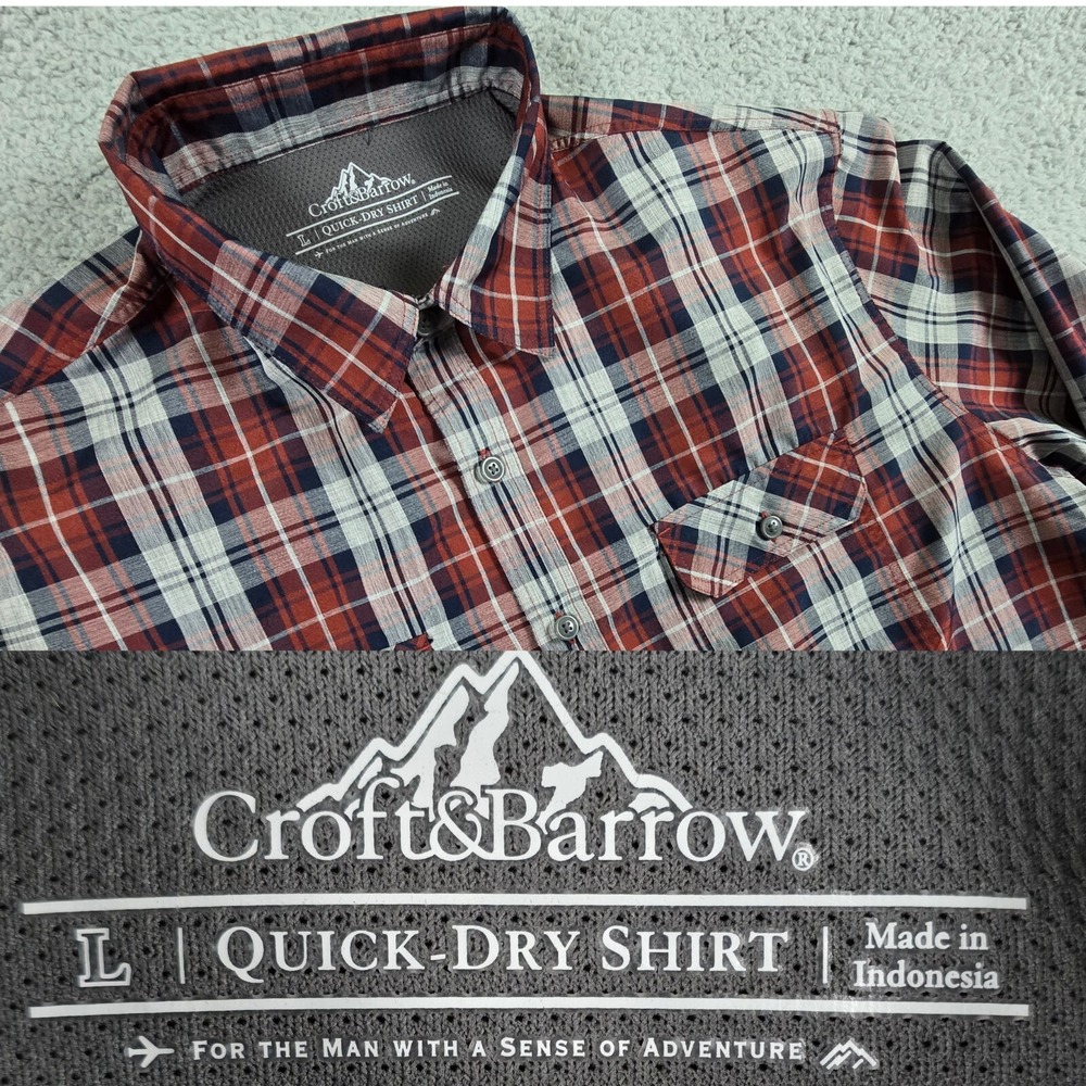 Croft Barrow‎ Quick Dry Shirt Mens Large Plaid Long Sleeve Vented Button Up